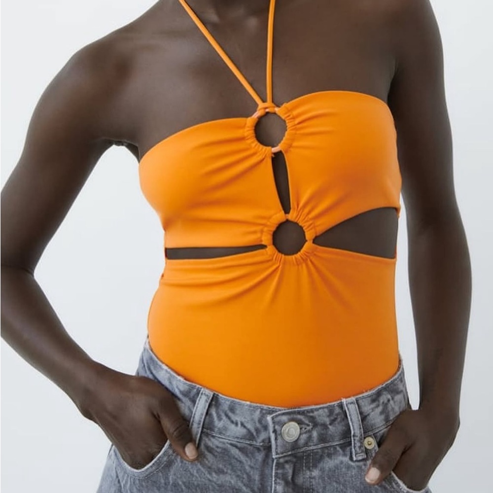 Orange Halter Cutout Bodysuit